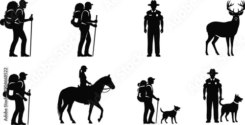 Set of outdoor recreation silhouettes, hikers with backpacks, park ranger uniform, deer animal, horse riding, man walking dog vector illustrations collection isolated.