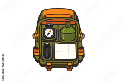 Backpack showing supplies for outdoor adventure or camping with multiple pockets for storage and organization during a trip