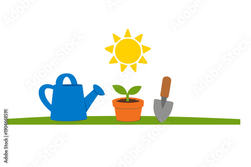 Gardening scene with watering can, plant, trowel, and sun during daytime in a bright setting with simple tools on a green surface