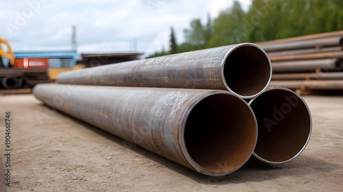 Wallpaper Mural A group of large rusty steel pipes are arranged horizontally and stacked in an industrial storage yard under a cloudy sky Torontodigital.ca