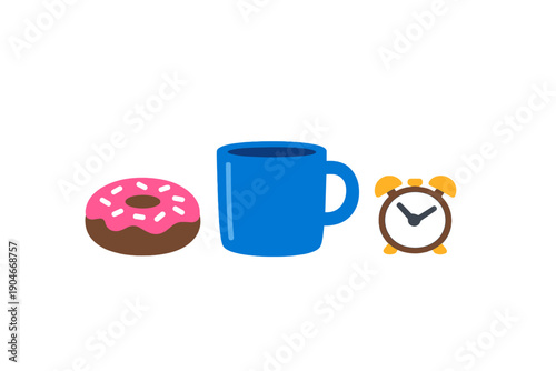 Breakfast items on a table with a donut, a blue cup, and an alarm clock showing morning time near each other