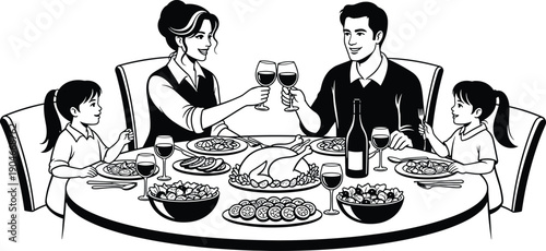 Vector collection of happy and sad heart characters, romantic couple in park, and family dinner gathering for holiday celebration and love,