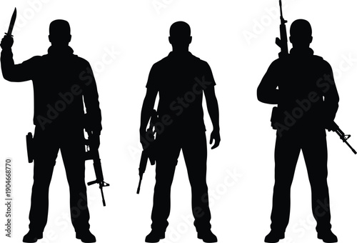 Black silhouette vector set of three tactical soldiers standing with assault rifles and a combat knife for private security defense and military mission concepts