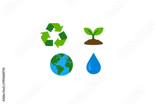 Icons representing recycling, planting, earth, and water in a simple design meant to promote environmental awareness and sustainability practices