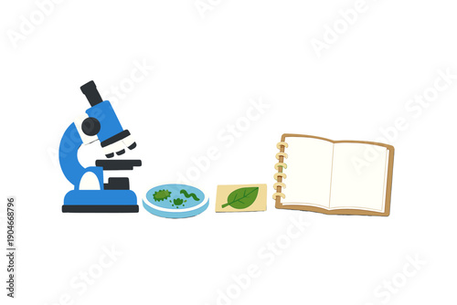 Exploration of microorganisms using a microscope and study of plant leaves in a laboratory setting at daytime