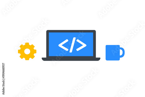 Workstation setup for coding with laptop, gear icon, and coffee mug placed on a desk during daytime hours