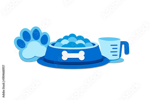 Blue pet bowl filled with food, a paw print, and a measuring cup on a white background, highlighting pet care needs and feeding times