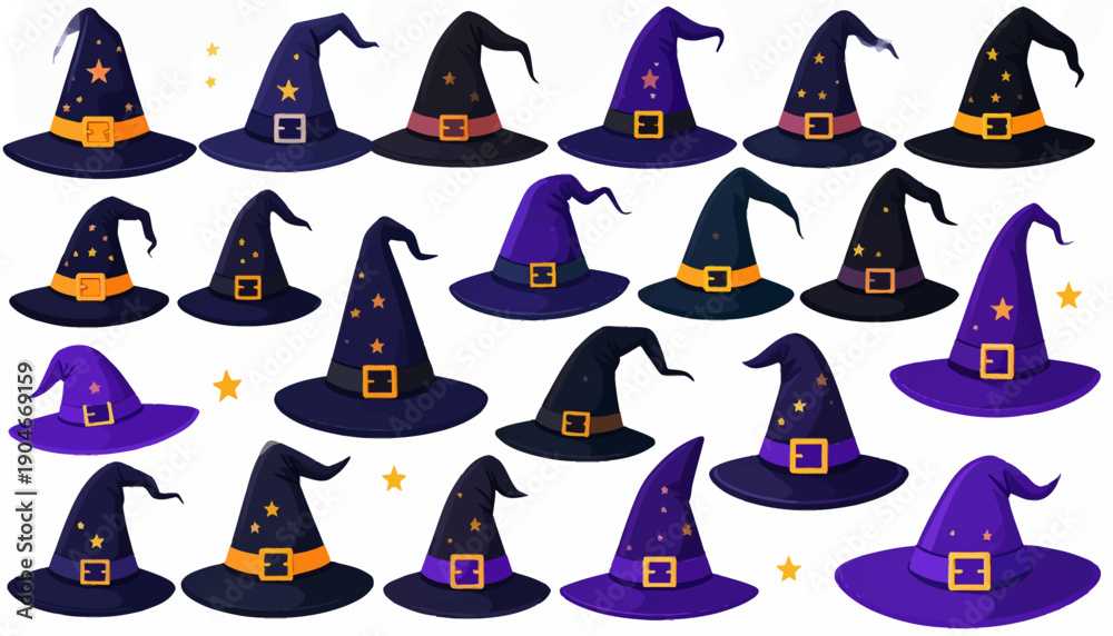 Naklejka premium Collection of assorted witch hats with decorations.
