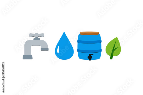 Water management actions show faucet, water drop, water barrel, and leaf that highlight the importance of saving water and caring for the environment in everyday life