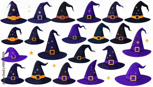Collection of assorted witch hats with decorations.