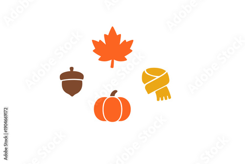 Colorful autumn symbols showing a pumpkin, a maple leaf, an acorn, and a scarf on a plain background representing fall traditions and season changes