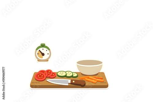 Chopping vegetables on a wooden cutting board with a bowl and timer nearby in a kitchen setting on a clear surface