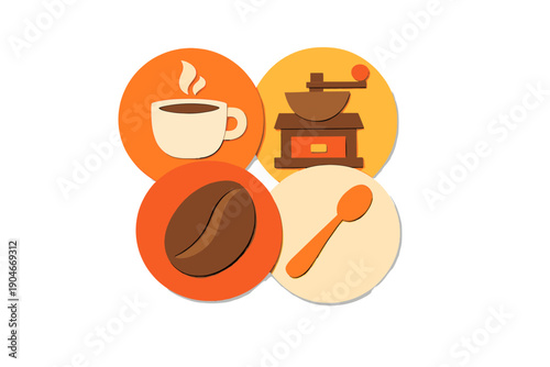 Various coffee-related items shown in a flat lay arrangement with a cup, grinder, bean, and spoon at home during daytime