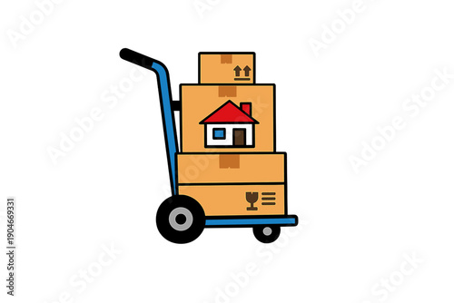 Moving boxes on a hand truck at a delivery location in daylight for relocation purpose