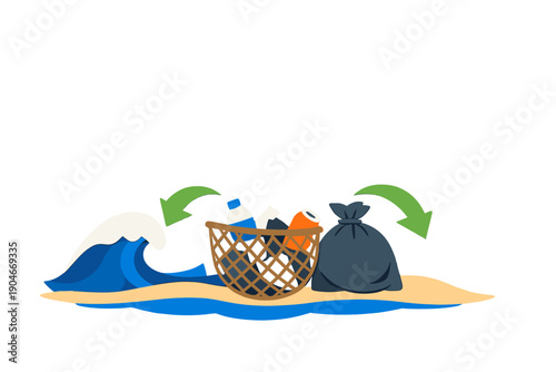 Efforts to clean the ocean shore by collecting plastic and waste materials near the water