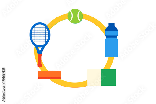 Sports equipment and items arranged in a circular design with a tennis racket, ball, water bottle, and blocks, creating a simple visual representation of sports activities