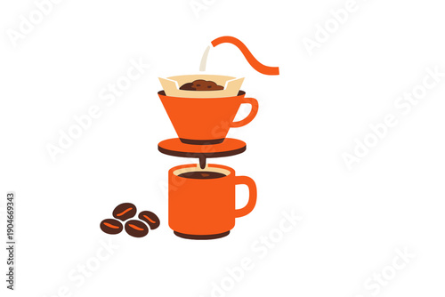 Coffee brewing process showing pouring water over coffee grounds in a filter and dripping into a cup below at a simple workspace