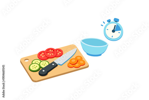 Chopping vegetables on a cutting board while a timer counts down in a kitchen setting