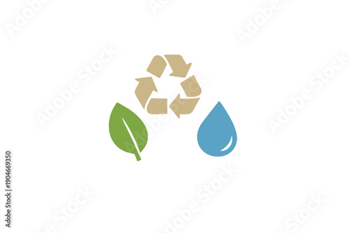 Symbol representing recycling with green leaves and a water droplet placed together on a simple background to show sustainability and environmental care