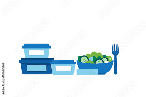 Containers hold salad and other food items in a kitchen setting with colorful utensils positioned for a meal