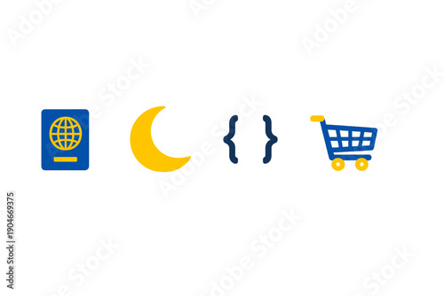Creative design that shows a passport, a moon, coding brackets, and a shopping cart in a colorful style with a modern look