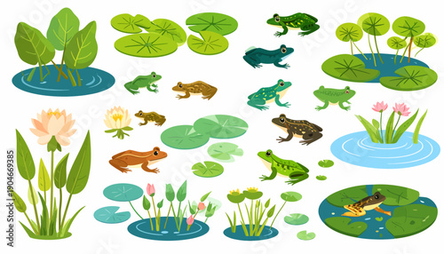 Collection of Cartoon Frogs and Alligators in Pond.