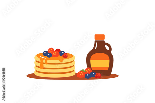 Pancakes with syrup and berries on a simple table at breakfast time in a cozy kitchen setting