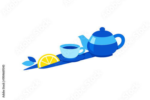 Tea and lemon placed on a table with a blue teapot and cup during a simple afternoon gathering in a cozy setting