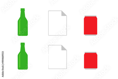 Different types of containers are shown, including two bottles, two sheets of paper, and two cans, to represent various items and materials in a simple layout
