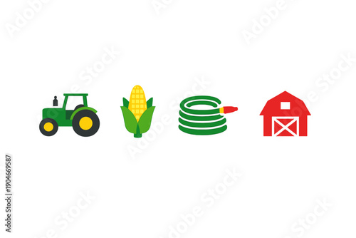 Farm activities include a tractor, corn, hose, and barn in a rural setting during daytime with clear weather