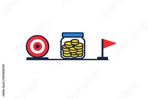 Goal setting involves a target, a jar of coins, and a flag marking the finish line for achieving savings and financial objectives at any time
