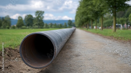Wallpaper Mural A long heavy steel pipe rests on a gravel road in a picturesque rural landscape with trees and distant hills Torontodigital.ca