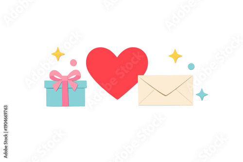 Colorful gift and love symbols with an envelope are placed together in a simple design expressing emotions suitable for any occasion of giving and caring