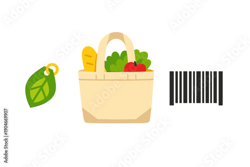Grocery bag with vegetables and bread next to a barcode on a white background