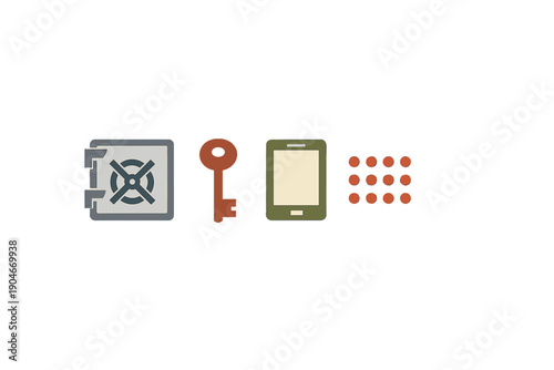 Safe, key, smartphone, and dots represent security concepts in a digital world where access and protection are important