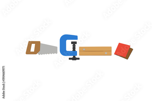 Different tools for woodworking tasks including a saw, clamp, wood pieces, and sandpaper located on a flat surface