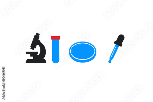 Laboratory equipment is arranged on a plain background with a microscope, test tube, petri dish, and dropper seen during a science activity