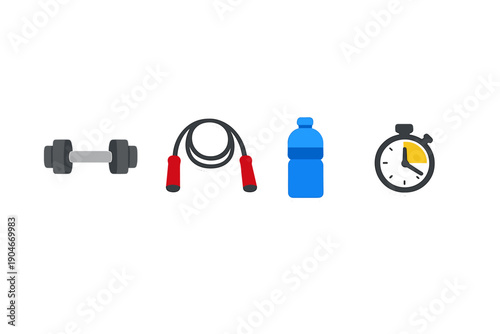Equipment for a workout session including a dumbbell, jump rope, water bottle, and timer on a plain background at a gym or home setting