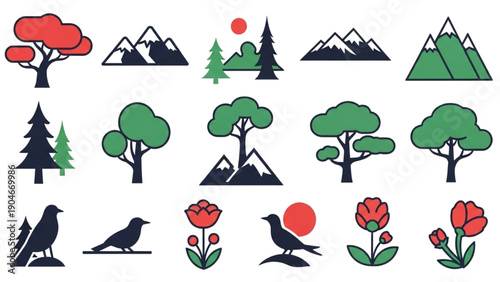 Simplified Graphic Icons Depicting Natural Landscapes, Animals, and Plant Life