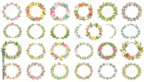 Collection of Floral Wreaths with Various Flowers.