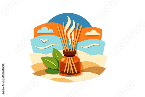 Fragrance sticks in a bottle with background of mountains and sky with clouds during sunset