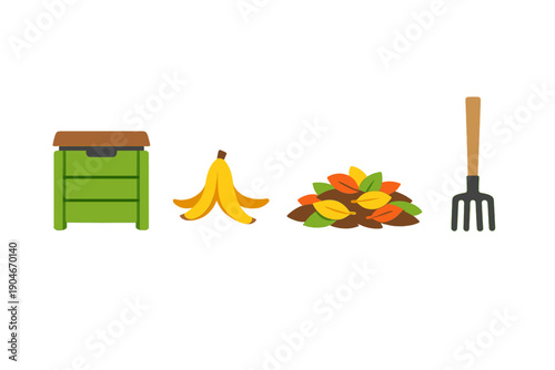 Fresh produce and gardening tools seen in a garden setup with compost and banana in a neat arrangement during the daytime