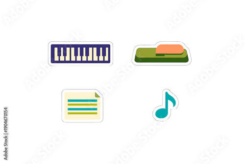 Various musical elements including a keyboard, soundboard, sheet music, and a music note are displayed together in a simple arrangement