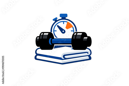 Weightlifting and timing represent a focus on fitness and exercise in a simple design showing a barbell and stopwatch on towels