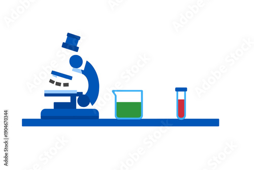 Microscope and test tubes placed on a table with green liquid in a beaker and red liquid in a test tube in a laboratory setting during daytime