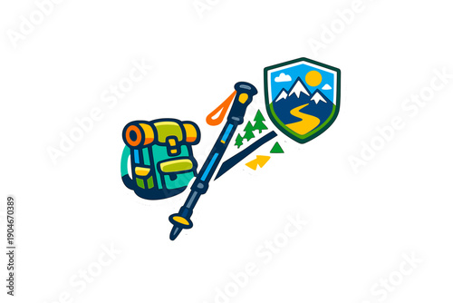 Hiking gear and nature symbols come together in a fun design showcasing a backpack, walking stick, and outdoor scenery