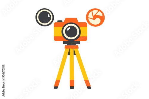 Camera is set on a tripod with lens and image icons showing the process of taking pictures and capturing moments in a studio setting