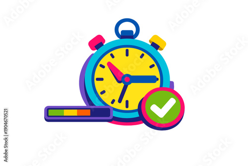 Clock showing time with a check mark and progress bar indicating task completion on a colorful design