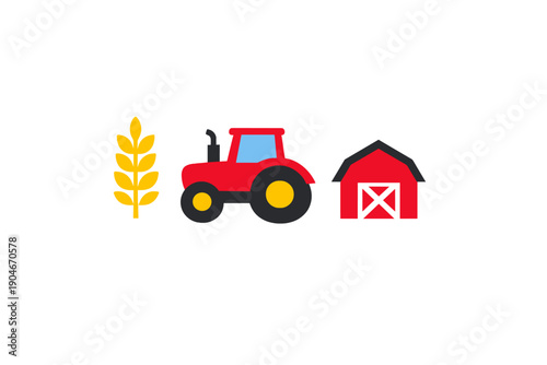 Farm scene with wheat, tractor, and barn in a rural setting during daytime