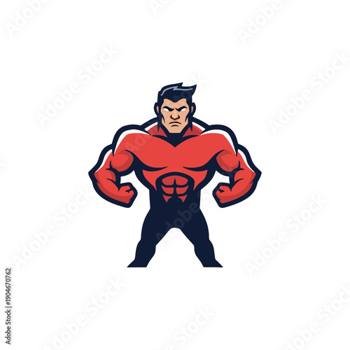 Strong man flexing muscles in red and black costume, standing confidently in a powerful pose, graphic illustration, vector art, studio shot